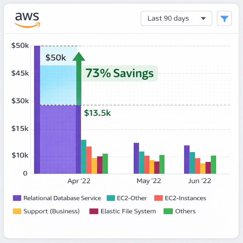 AWS Cost Explorer showing the 73% cost reduction